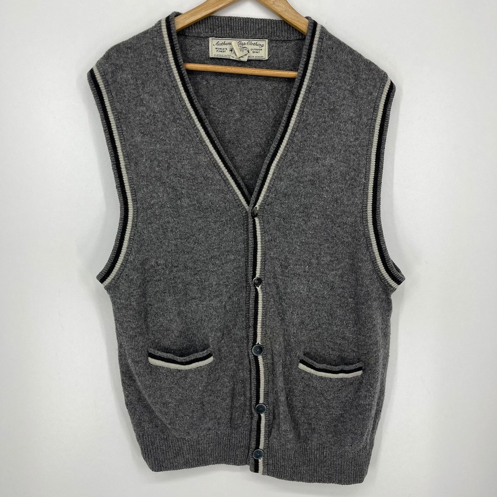 Gap Mens Gray 100% Lambswool Button Front Cardigan Sweater Vest Small Vintage
